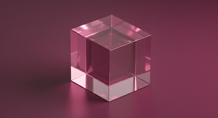 Poster - Clear glass cube on burgundy background. Transparent crystal block with reflections. Minimalist geometric shape for business, technology, or luxury product display with copy space