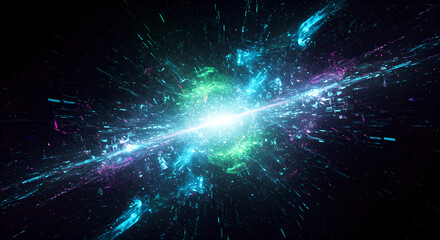 Poster - Cosmic energy burst in deep space. Bright neon explosion with blue and green colors. Dynamic galactic light effect. Abstract space background for sci-fi designs, banners and wallpapers with copy space