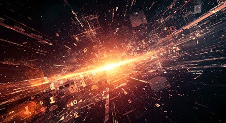 Poster - Bright cosmic explosion in space with orange and red energy burst. Dynamic glowing particles spreading from center. Abstract universe background for sci-fi design, gaming visuals with dark space