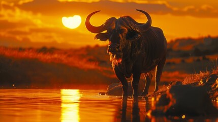 Poster - A buffalo peacefully wades through calm waters as the sun sets, casting a golden glow over the serene landscape and creating a captivating atmosphere.