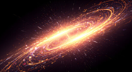 Poster - Bright spiral galaxy in deep space with glowing orange energy swirls. Cosmic nebula with light trails. Astronomy science background for wallpaper and universe exploration themes with dark copy space