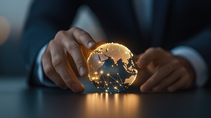 Poster - A hand interacts with a hologram displaying a global network and financial data, illustrating advanced technology in business