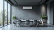 © Alice - Nobody in empty grey modern office interior room with air conditioner on the wall, chairs and table. Meeting boardroom space inside or indoors , 8k Photo