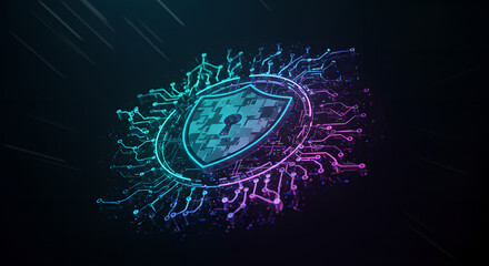 Poster - Glowing digital shield with circuit pattern in neon blue and purple colors on dark background. Cybersecurity concept for tech protection, data safety and network defense