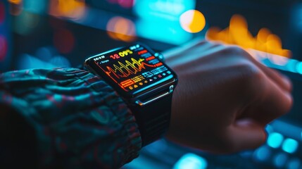 Fototapete - A person examines their smartwatch showing heart rate data and health metrics in bright colors, surrounded by a dynamic technology environment at night.