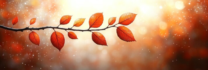 Wall Mural - Autumn Leaves on Branch, Golden Sunlight Bokeh Background, Nature s Beauty and Warmth