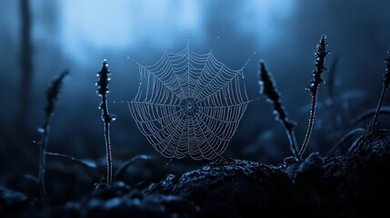 Delicate spider web adorned with dew drops in a misty forest setting, capturing the beauty of nature's intricate designs in cool blue tones.