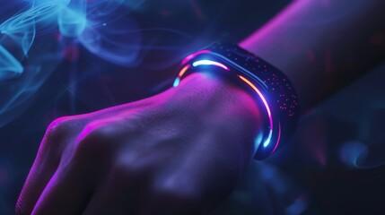 Aufkleber - A hand adorned with a glowing bracelet is illuminated by colorful lights against a backdrop of swirling smoke, creating a captivating evening ambiance.