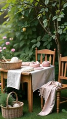 Poster - A table with a basket of yarn and a vase of flowers. The yarn is in different colors and sizes