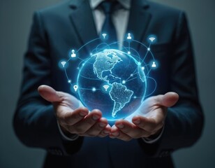 Poster - Businessman holds glowing earth globe in hands. Conceptual 3D rendering of global business network, communication, connections, internet, social media. Digital tech planet in palms. Globalisation,