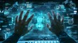 © Nail - A woman typing on a keyboard with a digital screen overlay displaying code and software updates, symbolizing research, data analysis, system technology, coding, software updates,  information systems
