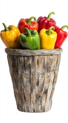 Wall Mural - A vibrant collection of colorful bell peppers arranged in a rustic wooden bucket. Fresh vegetables enhance healthy cooking and vibrant dishes. Generative AI