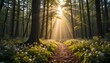 © Bestocker - golden rays filtering through tree in the forest path with wild flowers. Generative ai