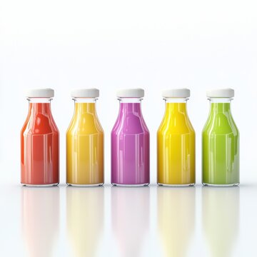 A set of glossy 3D rendered mini bottles filled with colorful juices, smoothies, and milkshakes, arranged on a white isolated background, soft glowing