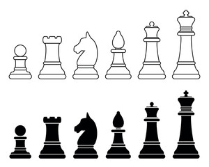 Canvas Print - chess piece, set of black and white vector silhouette illustration of chess pieces shape pawn rook k