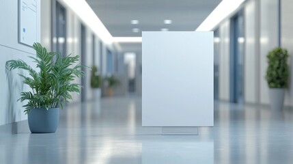 Aufkleber - In a sleek office corridor, a minimalist display board stands empty, inviting creativity. A vibrant green plant adds a refreshing touch to the modern atmosphere, emphasizing tranquility and focus