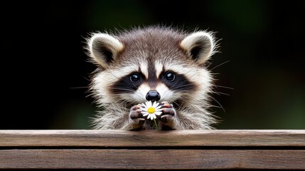 adorable raccoon holds a daisy flower with curious expression in soft natural light