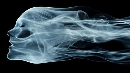 Poster - Beautiful wisps of translucent smoke swirl in the darkness, forming a serene visage that expresses deep emotions and the essence of ethereal dreams in motion