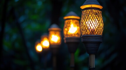 Sticker - Tropical garden path lit by flaming tiki torches at night