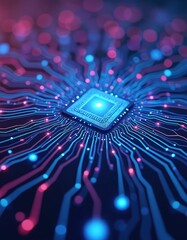 Fototapete - Illustration of futuristic tech circuit board with geometric laser lines, neural network connections. Artificial intelligence microchip CPU glows in blue, purple colors on dark digital background.