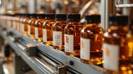 Poster - A production facility showcases a row of amber liquid bottles on a conveyor belt, highlighting the packaging process in bright, industrial lighting.