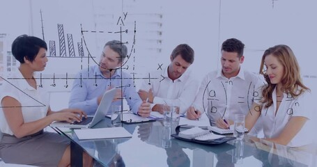 Poster - In office meeting, business team discussing animation of graphs and equations