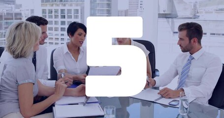Poster - In meeting room, business team discussing strategy with animation of numbers