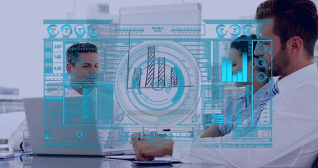 Poster - Business team in office with futuristic data processing animation overlay