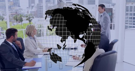 Poster - In office, business meeting with globe animation overlay, team discussing strategy