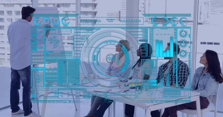 Poster - Business team in office with futuristic data interface overlay animation