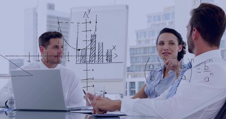 Poster - In office, business team discussing graphs and animation with mathematical formulas
