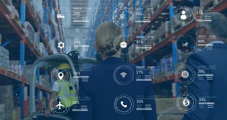 Poster - In warehouse, workers managing logistics with digital data animation for orders