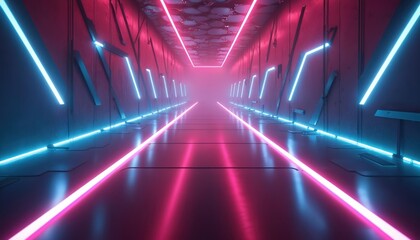 Poster - Neon illuminated corridor in cyberpunk style, futuristic technology concept. Glowing blue, pink lights form tunnel perspective, abstract sci-fi interior with dark walls, floor. Virtual reality scene.