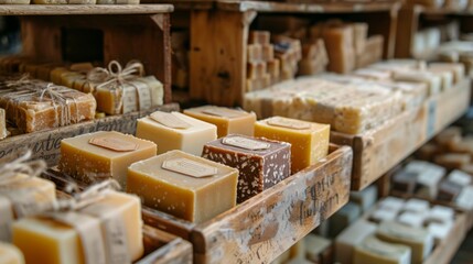 Poster - Colorful handcrafted soaps are arranged neatly on wooden shelves at a local market. Each bar features unique designs and labels, showcasing a variety of scents and styles.