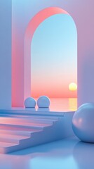 Poster - Soft pastel colors blend seamlessly as the sun sets over a serene ocean. Curved arches frame the view, with smooth sculptures inviting peaceful contemplation