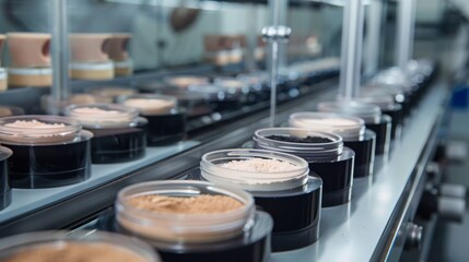 Poster - A production line operates in a cosmetic manufacturing facility, showcasing containers filled with various cosmetic powders. Workers monitor the process, ensuring quality control.