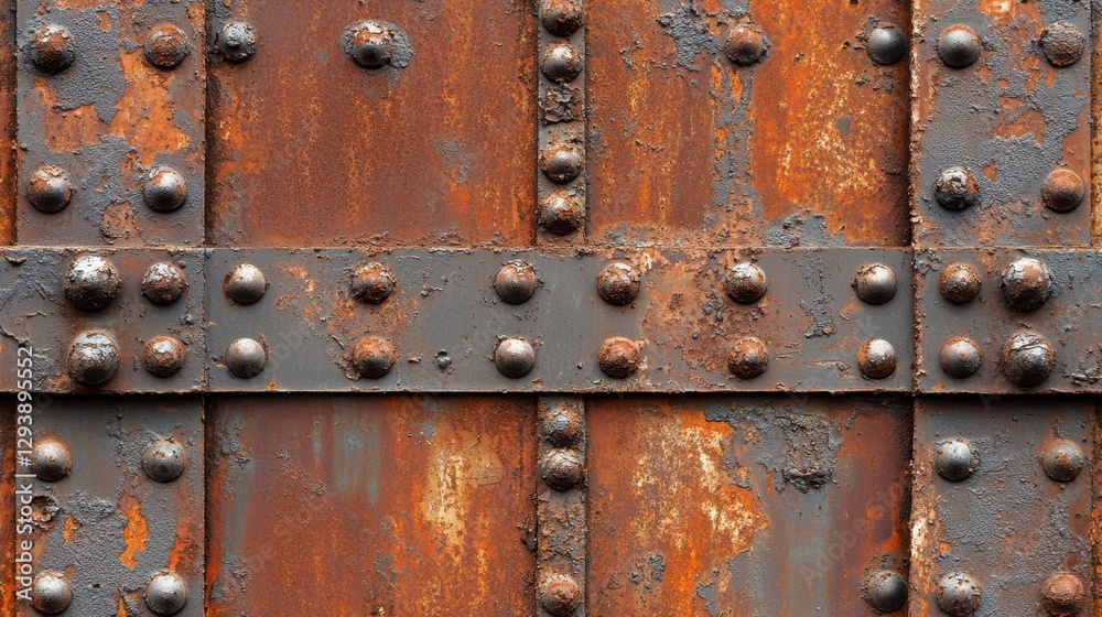 Detailed abstract of aged corroded metal surface with rivets showing ...