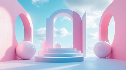 Poster - A surreal landscape showcases an enchanting arrangement of pastel-colored structures framed by fluffy clouds. Glossy spheres add a playful element to the serene scene