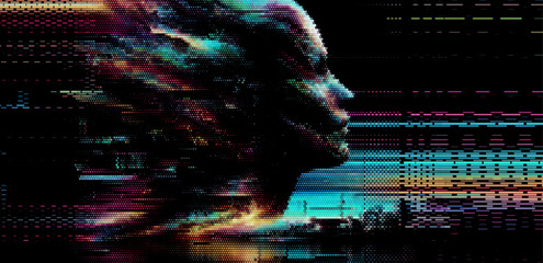 Fototapete - Vector illustration of a digital, pixelated face emerging from a dark background, creating a futuristic and mysterious atmosphere with glitch-like visual effects.
