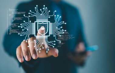Fototapete - Internet network cybersecurity concept, data privacy protection from malicious attacks, digital information technology security. Businessman connecting shield security interface virtual firewall.