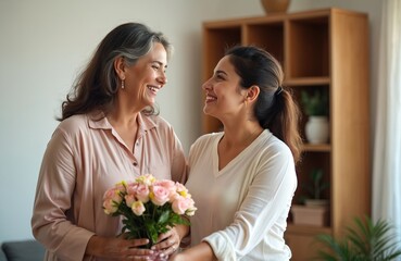 young latin woman congratulates her elderly smiling mother with bouquet roses at home. daughter give