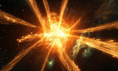 Sticker - Realistic Fireworks Bursting in Vivid Orange Yellow Green Colors Against Cosmic Black Space