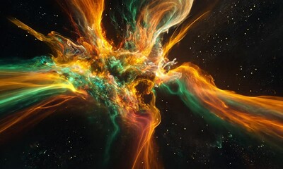 Wall Mural - fireworks exploding in vivid orange yellow green against cosmic black space in realistic display