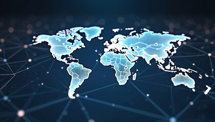 Poster - World map with interconnected lines, dots worldwide network. International communication, travel routes. Global business connections across continents, countries. Digital information infrastructure,