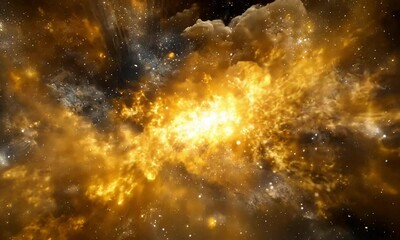 Wall Mural - realistic fireworks explosion in cosmic black sky with brilliant gold silver crimson colors and star
