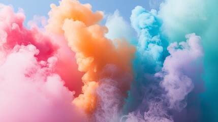 Poster - Puffs of pink, orange, and blue smoke rise into the air, blending beautifully against a clear sky. The colorful clouds evoke a sense of whimsy and creativity, captivating all who gaze upon them
