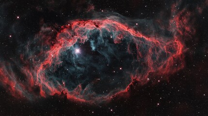 Wall Mural - Cosmic Nebula Glow and Red Gas Clouds, Bright Star Core with Dark Space Depths, Swirling Blue Hues and Stellar Dust, Vast Astronomical Wonder and Mystical Galaxy Scene