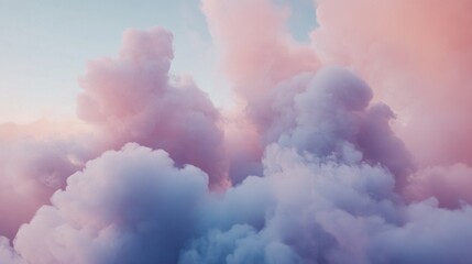 Poster - Puffy clouds float gently across the sky, illuminated by the soft pastel colors of sunset. Shades of pink and blue blend beautifully, creating a calming atmosphere