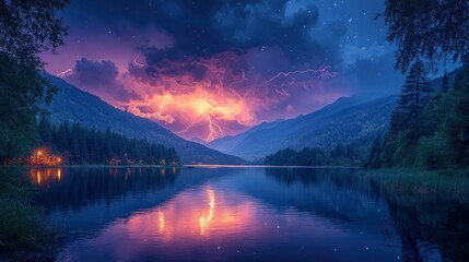 Poster - Stormy Night Over Mountain Lake