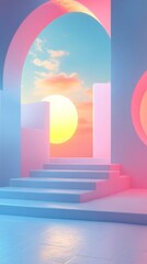 Poster - A stunning staircase ascends towards a breathtaking sunset, with pink and blue hues creating a magical atmosphere. The unique architecture frames the radiant sky beautifully